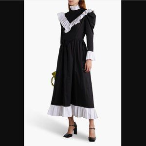 Batsheva CAROL TWO-TONE RUFFLED COTTON-POPLIN MAXI DRESS IN BLACK